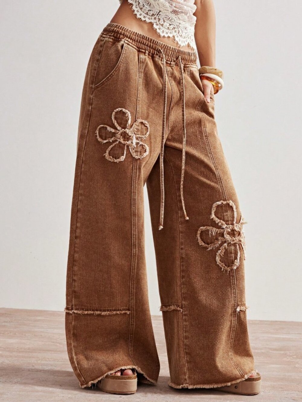 Brown Casual Women's Floral Detail Wide Leg Pants - Picture 7 of 7